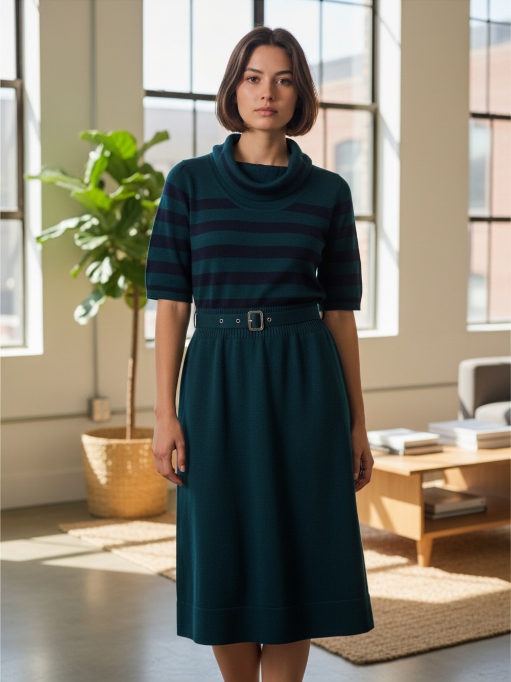The Limited Teal Striped Midi Dress with Belt